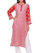 Red Embroidered Faux Georgette Chikankari Kurti