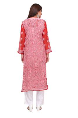 Red Embroidered Faux Georgette Chikankari Kurti 2