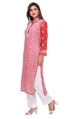 Red Embroidered Faux Georgette Chikankari Kurti 3