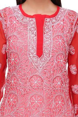 Red Embroidered Faux Georgette Chikankari Kurti 4
