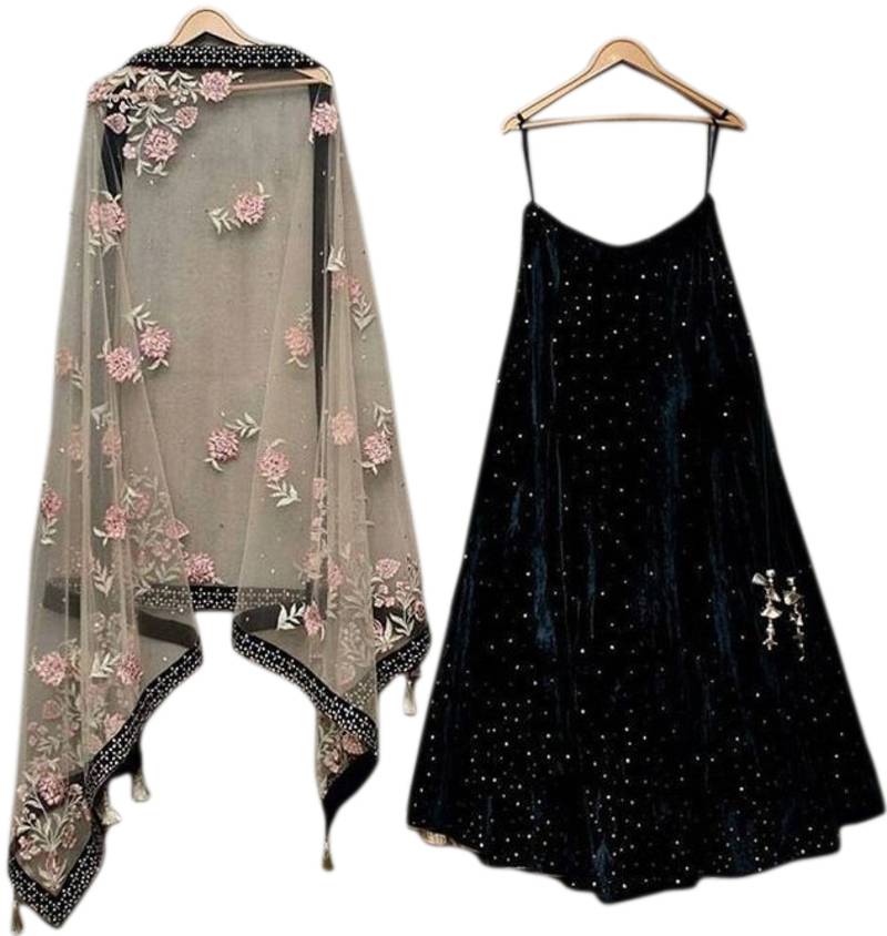 Black embroidered velvet unstitched lehenga