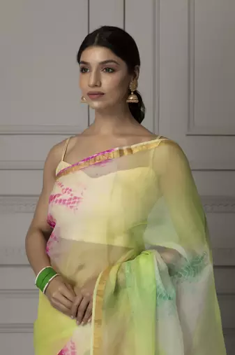   Green printed pure cotton silk saree with blouse