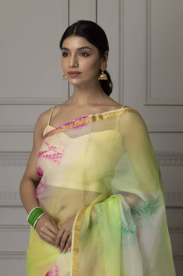 Geroo Jaipur Green printed pure cotton silk saree with blouse