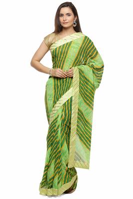 Hand Dyed Green Leheriya Printed Chiffon Saree 1