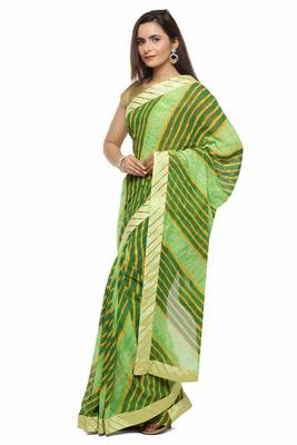 Hand Dyed Green Leheriya Printed Chiffon Saree 2