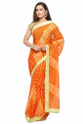 Geroo Jaipur Hand Dyed Orange & Peach Leheriya Printed Chiffon Saree 2