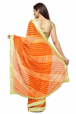 Geroo Jaipur Hand Dyed Orange & Peach Leheriya Printed Chiffon Saree 3