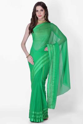 Geroo Jaipur Green Solid Chiffon Saree With Zari Border 1