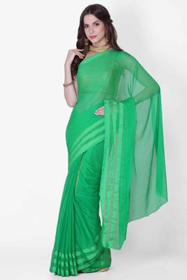 Geroo Jaipur Green Solid Chiffon Saree With Zari Border 2