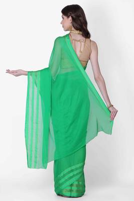 Geroo Jaipur Green Solid Chiffon Saree With Zari Border 3
