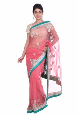 Pink embroidered net saree with blouse 1