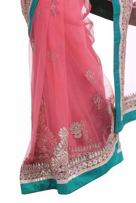 Pink embroidered net saree with blouse 2