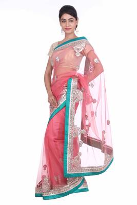 Pink embroidered net saree with blouse 3