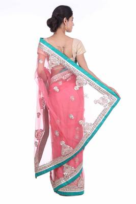 Pink embroidered net saree with blouse 4