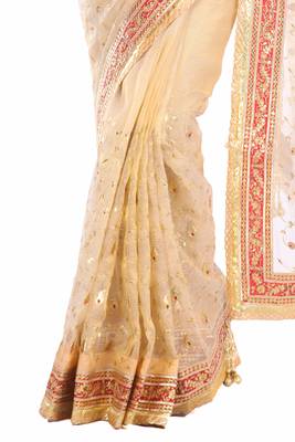 Beige embroidered pure tissue saree with blouse 2