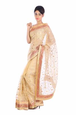 Beige embroidered pure tissue saree with blouse 3