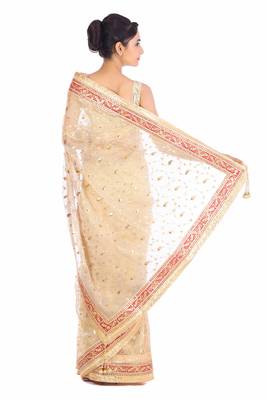 Beige embroidered pure tissue saree with blouse 4