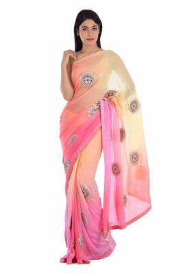 Yellow embroidered pure georgette saree with blouse 1
