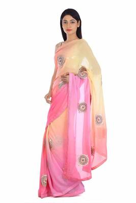 Yellow embroidered pure georgette saree with blouse 2