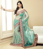 Light Green Embroidered Soft Net Zareen Khan Bollywood Saree With Blouse