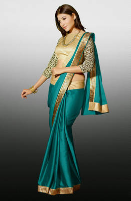 Green Zari Resham Embroidery Butti With Lace Border Satin Designer Saree With Blouse 1