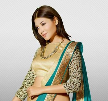 Green Zari Resham Embroidery Butti With Lace Border Satin Designer Saree With Blouse 2