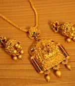 Matt Gold Finish Multicolour Temple Jewellery Pendant Set