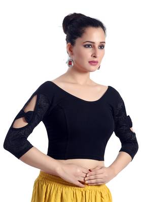 Navy_Blue Lycra_Cotton Plain Stitched Blouse 1