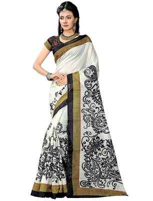 White Printed bhagalpuri silk saree with blouse 1