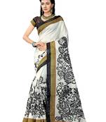 White Printed bhagalpuri silk saree with blouse