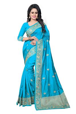 Blue embroidered art silk saree with blouse 1