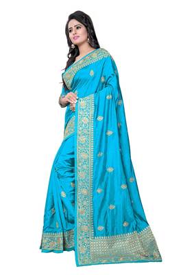 Blue embroidered art silk saree with blouse 2