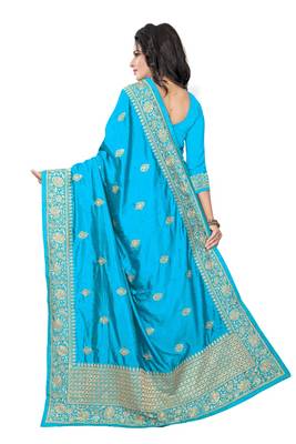 Blue embroidered art silk saree with blouse 3