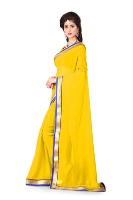 Yellow plain georgette saree with blouse 1