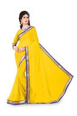Yellow plain georgette saree with blouse 2