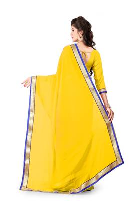 Yellow plain georgette saree with blouse 3