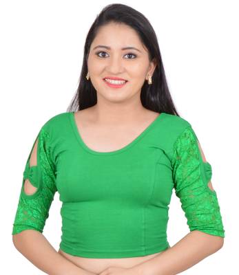 Green Bow sleeve Stretchable Cotton Lycra Saree Blouse 1