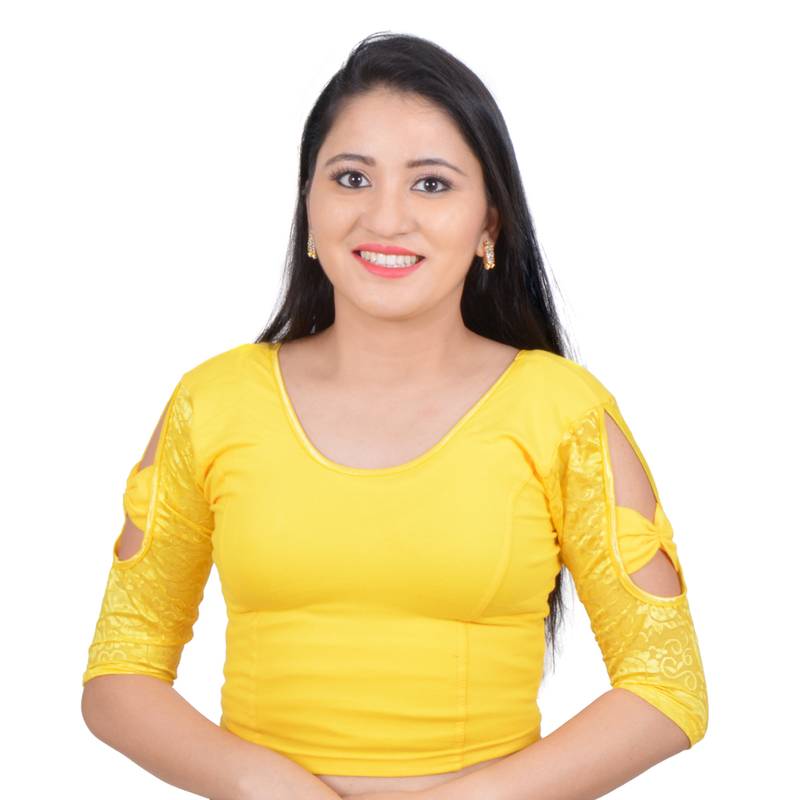 Yellow Bow sleeve Stretchable Cotton Lycra Saree Blouse