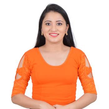 Orange Bow sleeve Stretchable Cotton Lycra Saree Blouse 1