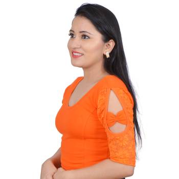 Orange Bow sleeve Stretchable Cotton Lycra Saree Blouse 2