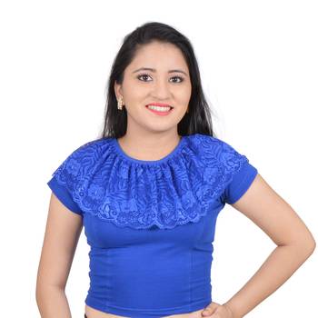 Royal Blue Ruffle Neck Stretchable Cotton Lycra Saree Blouse 1