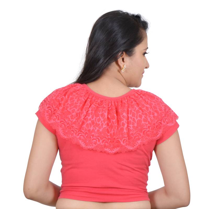 Rose Pink Ruffle Neck Stretchable Cotton Lycra Saree Blouse