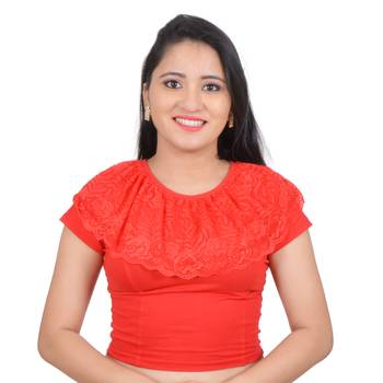 Red Ruffle Neck Stretchable Cotton Lycra Saree Blouse 1
