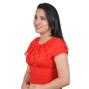 Red Ruffle Neck Stretchable Cotton Lycra Saree Blouse 2