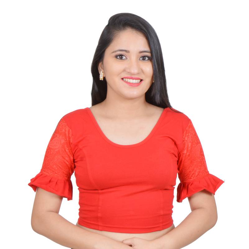 Red Ruffle Sleeves U neck Stretchable Cotton Lycra Saree Blouse