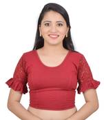 Maroon Ruffle Sleeves U neck Stretchable Cotton Lycra Saree Blouse