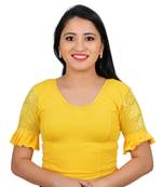 Yellow Ruffle Sleeves U neck Stretchable Cotton Lycra Saree Blouse