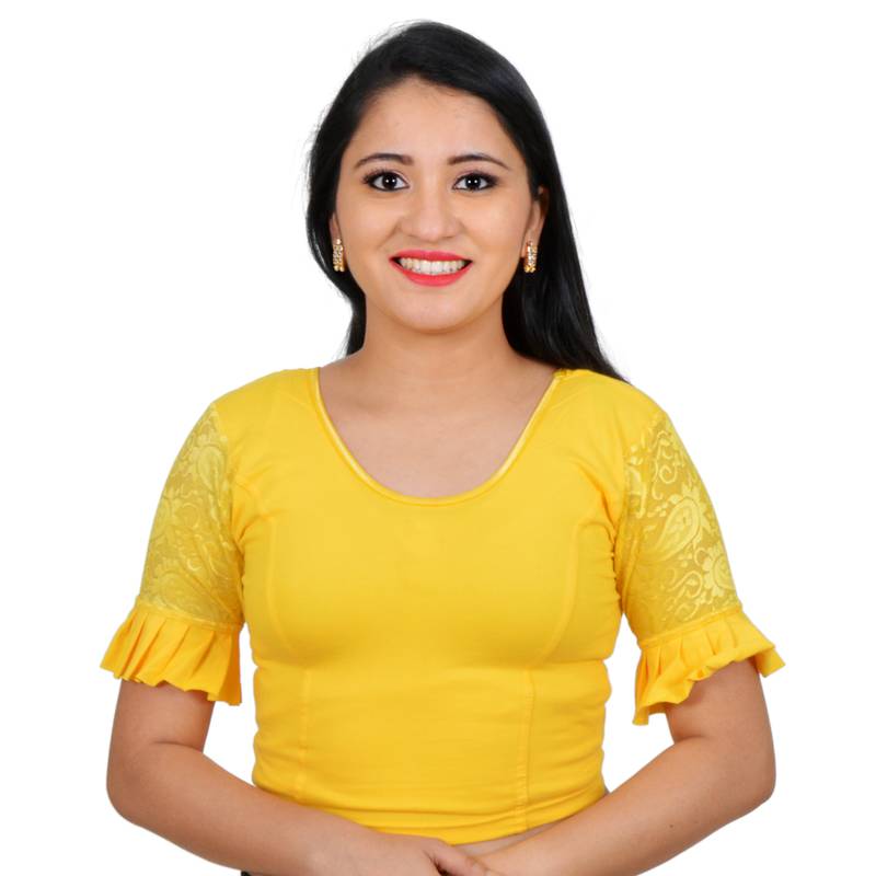 Yellow Ruffle Sleeves U neck Stretchable Cotton Lycra Saree Blouse