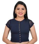 Navy High Neck Stretchable Front Button Cotton Lycra Saree Blouse