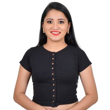 Black High Neck Stretchable Front Button Cotton Lycra Saree Blouse 1